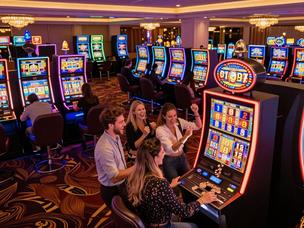 Nổ hũ excitement as players celebrate a big win at a vibrant slot machine in a lively casino atmosphere