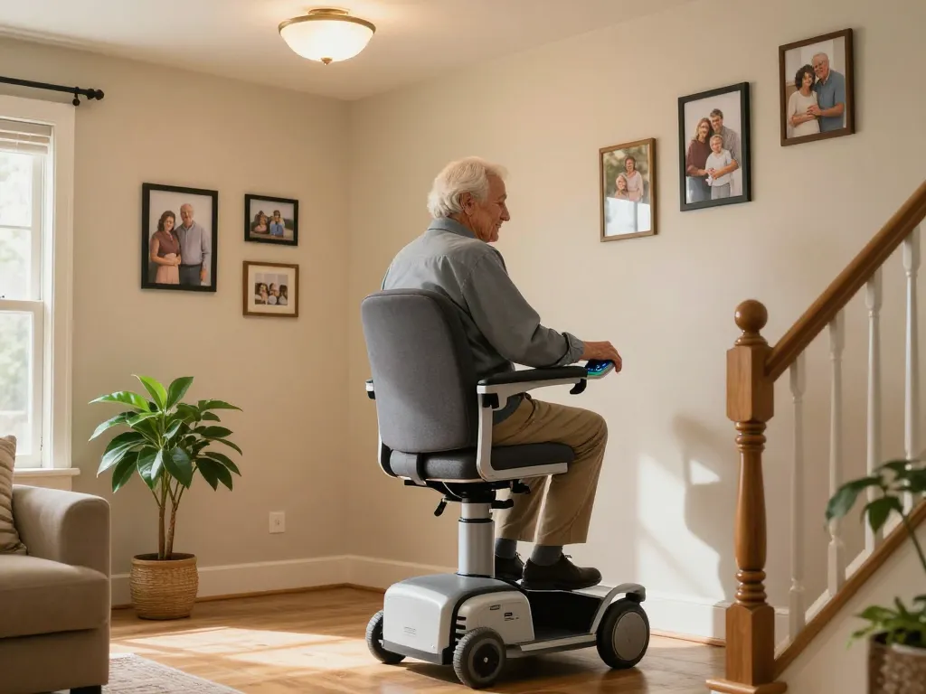 Senior individual using a stairlift, showcasing comfort and mobility in a cozy home environment.