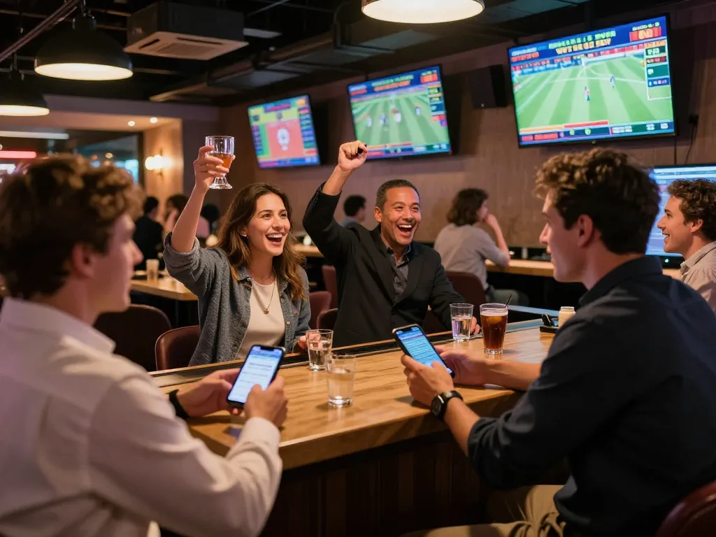 tr88 sports betting excitement with patrons actively engaging at a casino bar, showcasing live matches and smartphone betting.