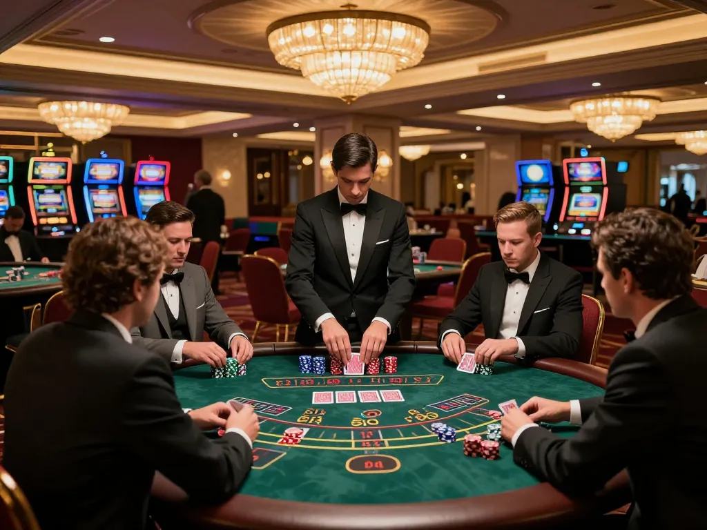 Players strategizing at 789bet blackjack table in a luxurious casino setting.