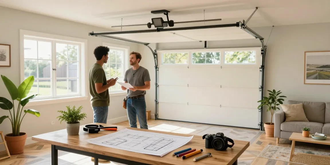 Garage conversion builder collaborating with homeowners in a transformed garage space showcasing modern design.