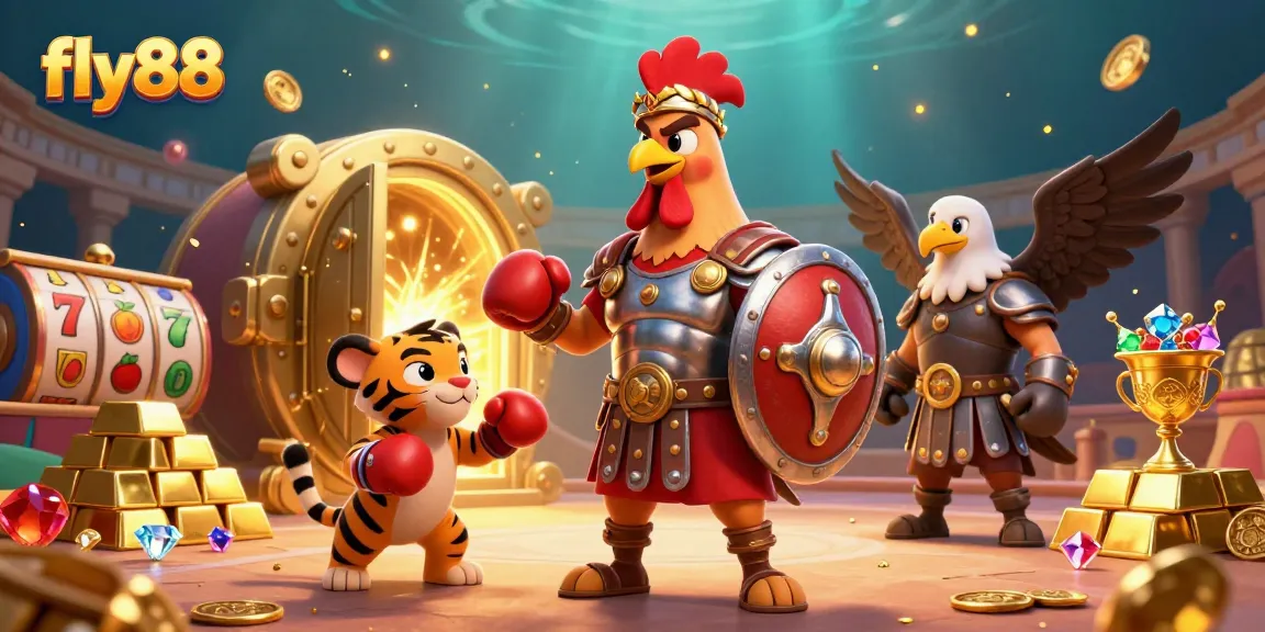 Engage with fly88 at the epic casino scene featuring a rooster gladiator and treasures.