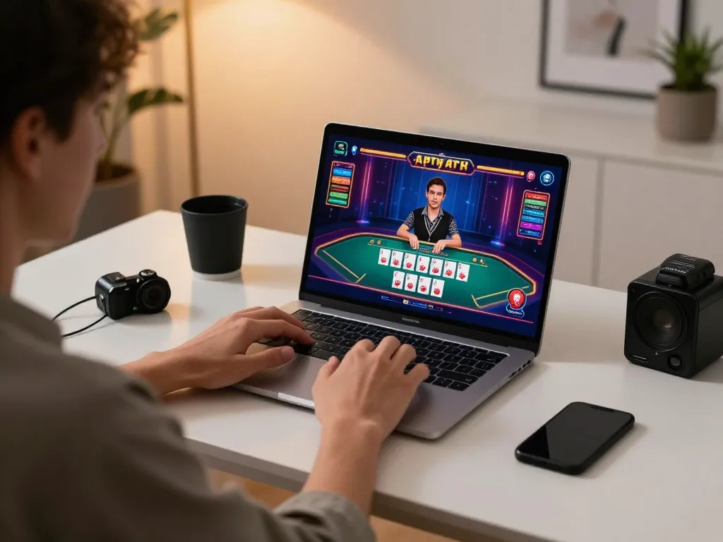 Engaging online baccarat game on laptop, showcasing lv88p gaming interface with vibrant dealer interaction