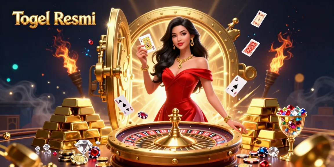 Togel Resmi showcases exciting gameplay with a stunning young woman, golden cards, and dynamic roulette elements.