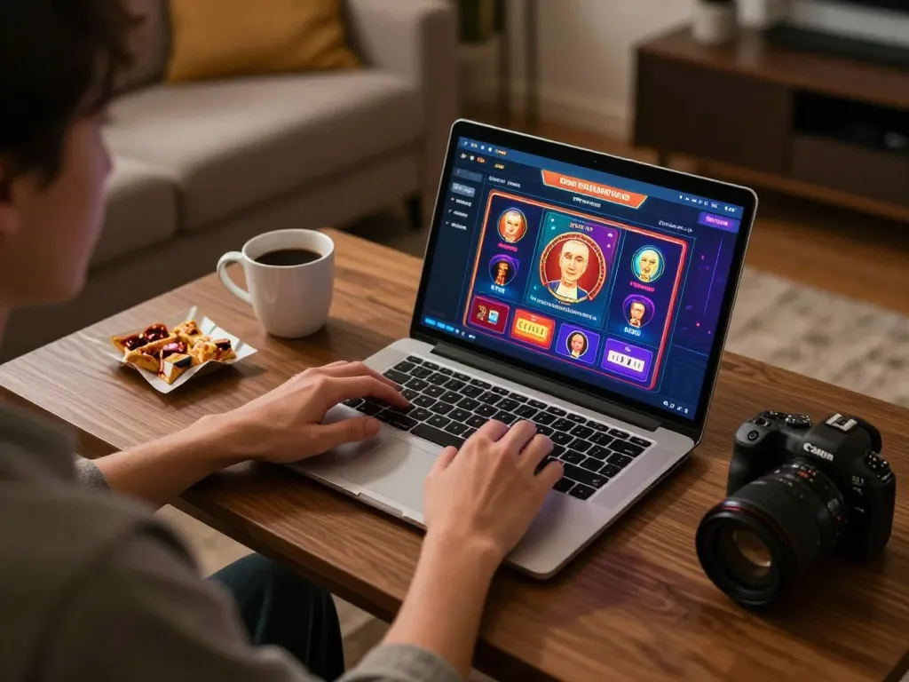 TG88 player engaging on a laptop for an online gaming session, showcasing the casino app in a cozy setting.