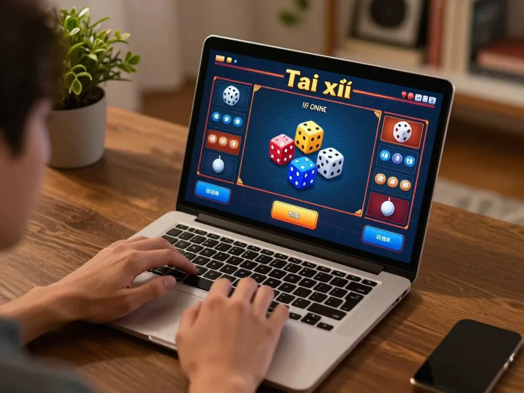Engaging in Tài xỉu online gameplay on a laptop, showcasing vibrant animations and a cozy gaming setup.