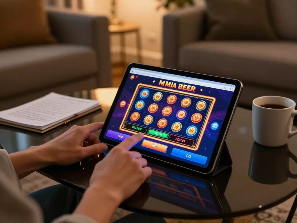 Player using a tablet for online slot games at SC88 in a cozy home setting.