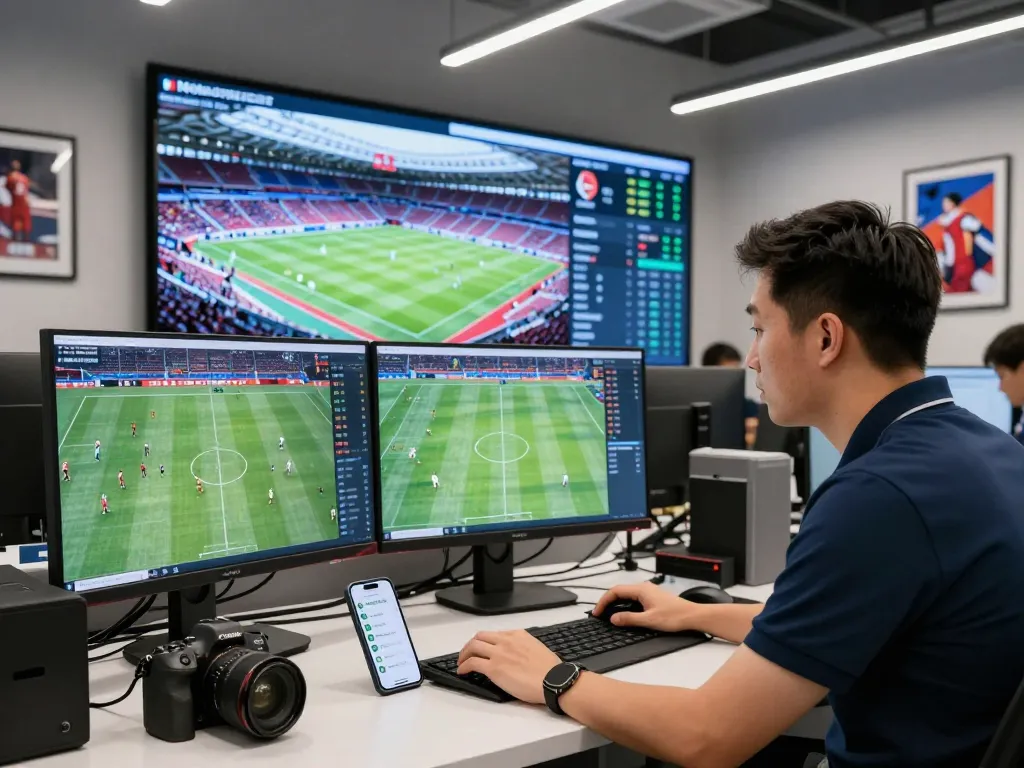 Real-time data analysis at NOWGOAL showcasing live soccer scores and statistics in a modern workspace.