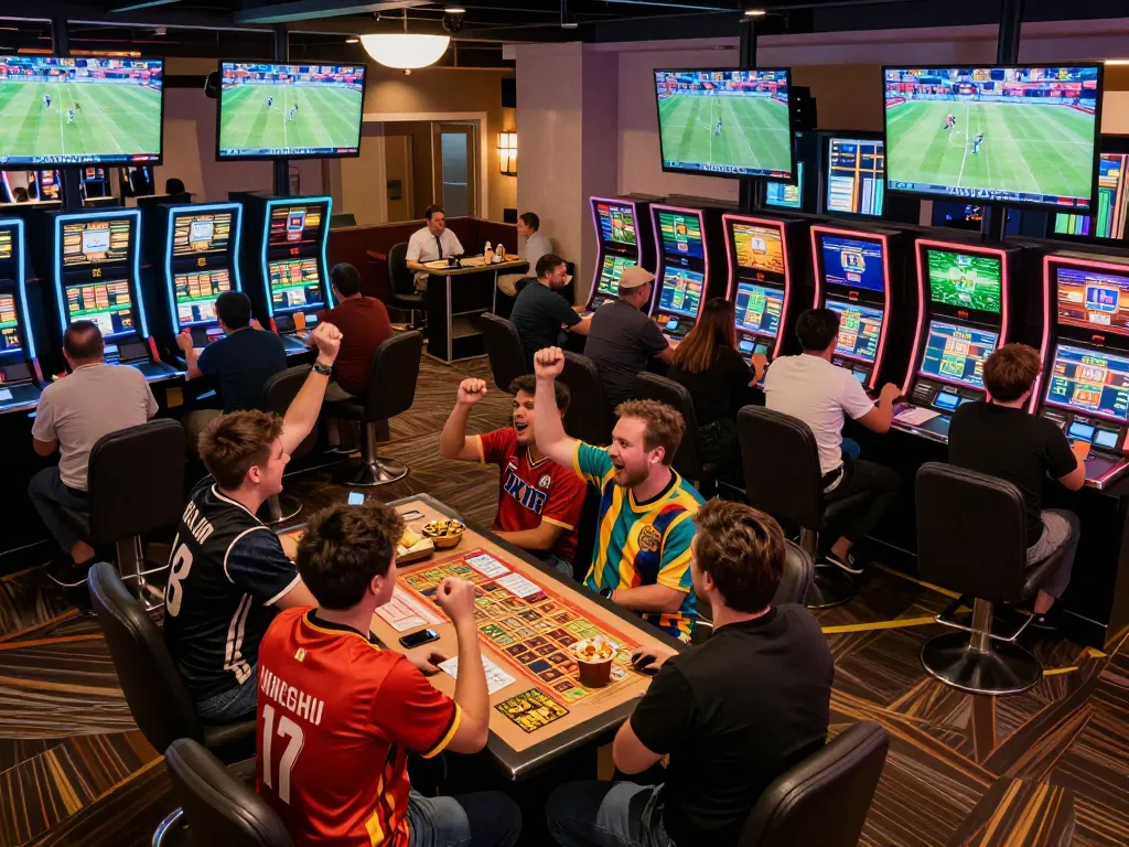 Sports fans engaging in betting action at cm88seo with multiple screens and lively atmosphere.