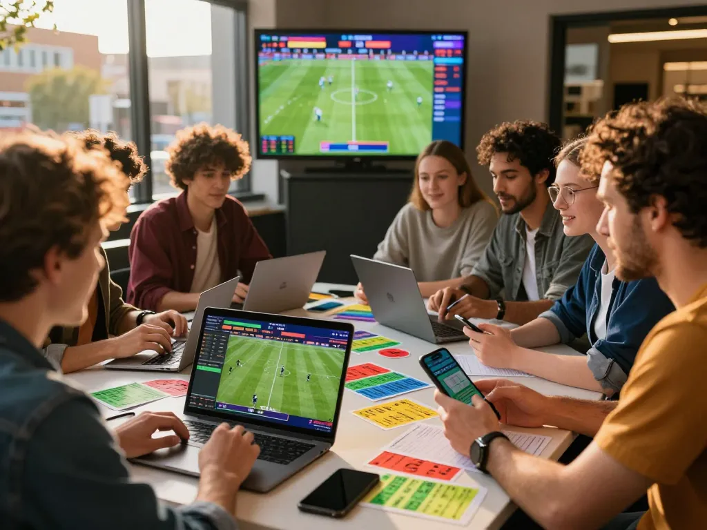 Engaged friends analyzing trang cá độ bóng đá odds at a lively urban sports betting venue.
