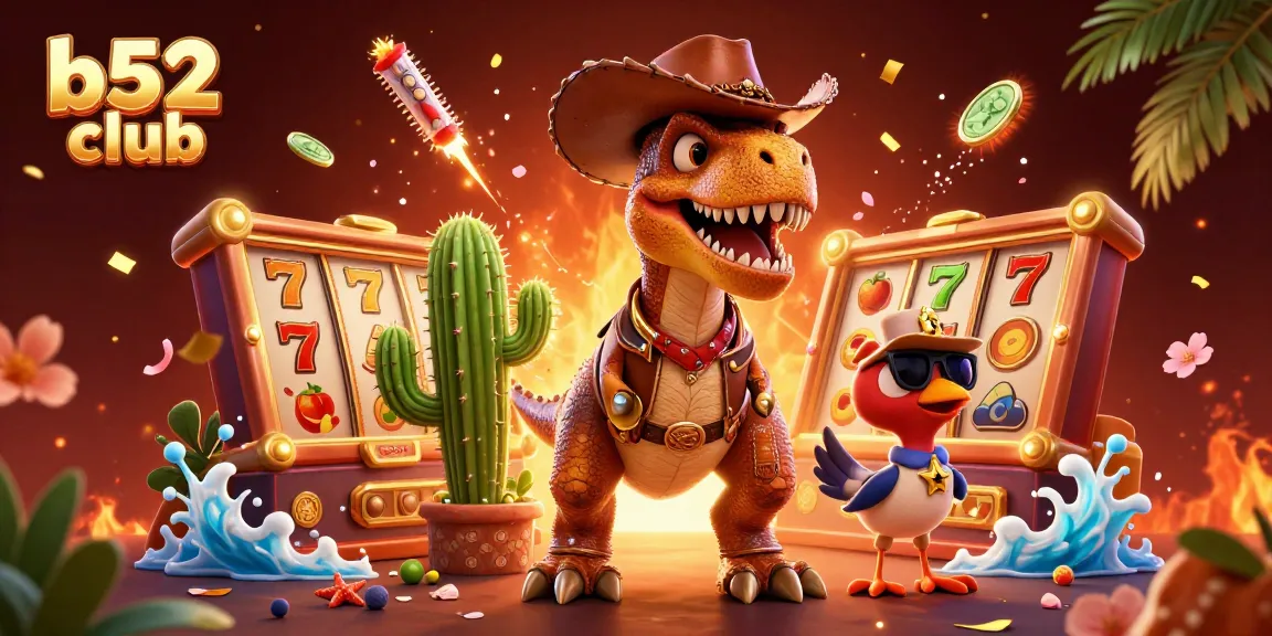 Engage with the vibrant b52 club scene featuring a lively T-Rex cowboy amidst dynamic slot game elements.