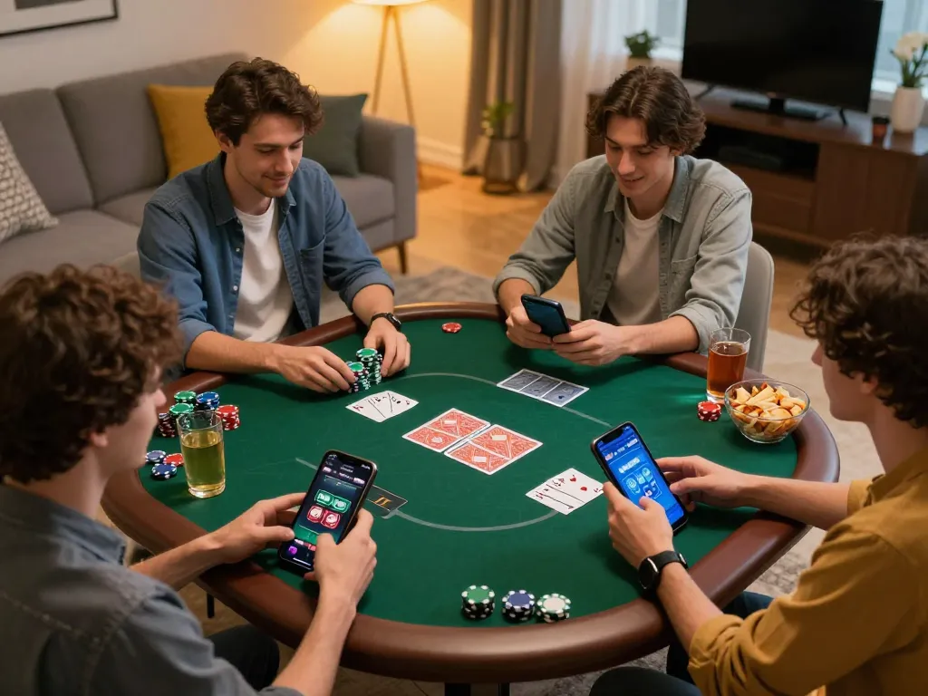 Gathering of friends engaging in SC88 online poker game with smartphones and chips on a stylish table.