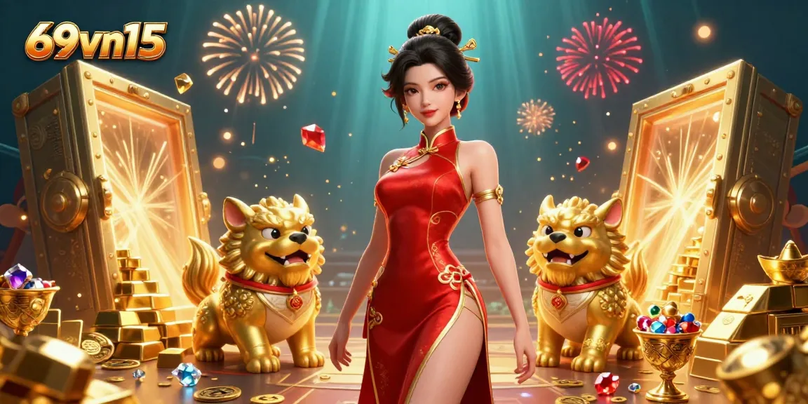 Experience the excitement of 69vn15 with a glamorous Asian woman amidst golden treasures and dazzling fireworks.