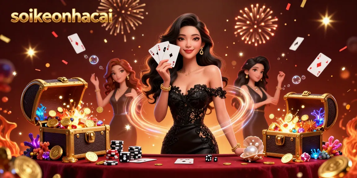 Engage with soikeonhacai through an elegant Asian woman showcasing winning poker cards amidst a vibrant casino scene.
