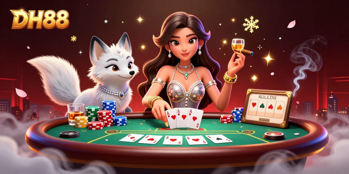 Experience thrilling poker action at DH88 with a glamorous woman and arctic fox companion.