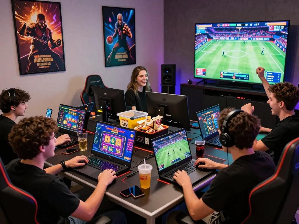 Engaging online gaming session at hit club with diverse players enjoying colorful casino games on various devices.