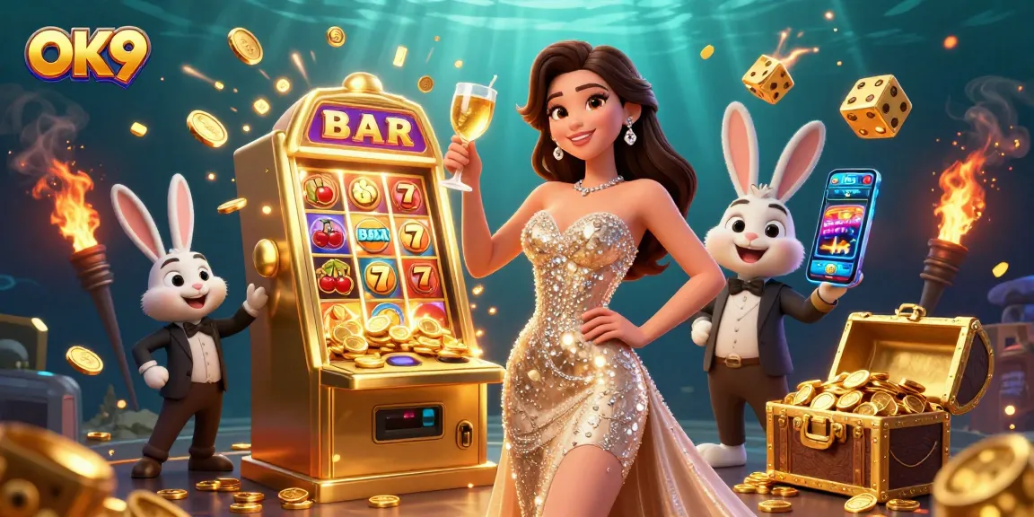 Experience the excitement of OK9 with a lavish casino scene featuring jackpot slots and golden treasures.