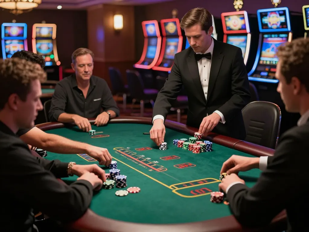 8kbet players enjoying blackjack strategy at a vibrant casino table under soft lighting.