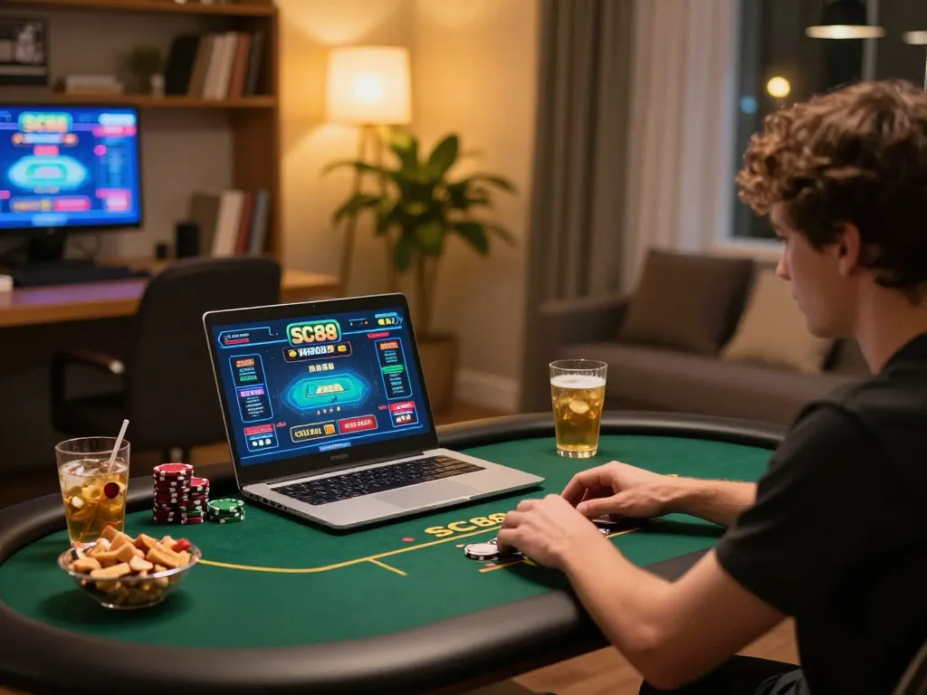 Person playing SC88 online poker game at a cozy home setup with snacks and drinks.