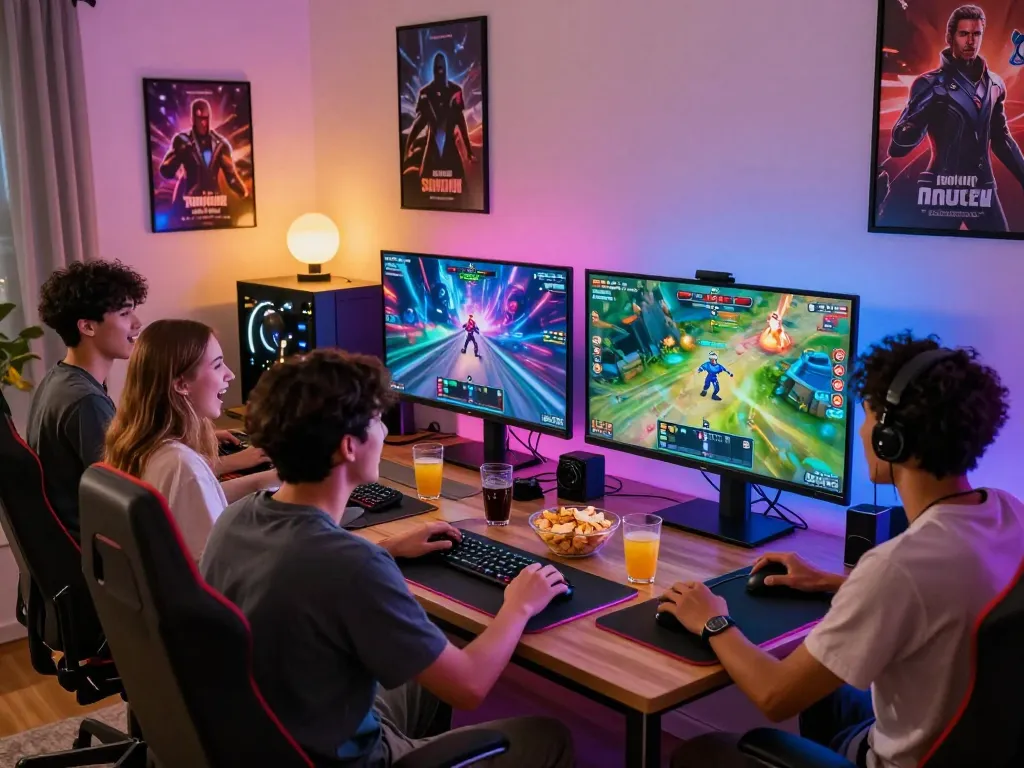 Engaging group of friends playing tải sunwin on multiple screens in a cozy gaming setup.