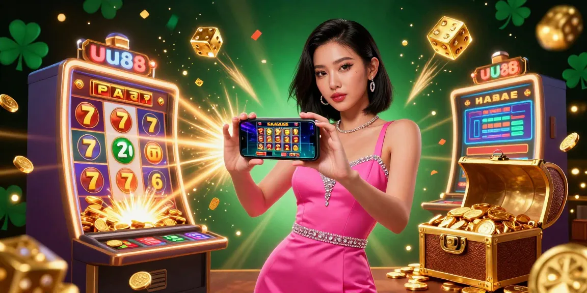 Play exciting casino games at uu88 with an Asian woman showcasing live dealer entertainment on her smartphone.