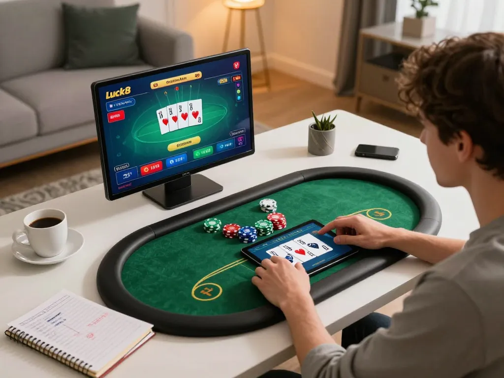 Person enjoying online poker games on Luck8 tablet, cozy gaming atmosphere at home.
