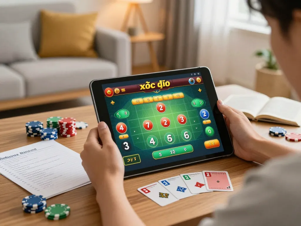 xóc đĩa online gaming interface displayed on a tablet in a cozy home setup, emphasizing strategic gameplay.