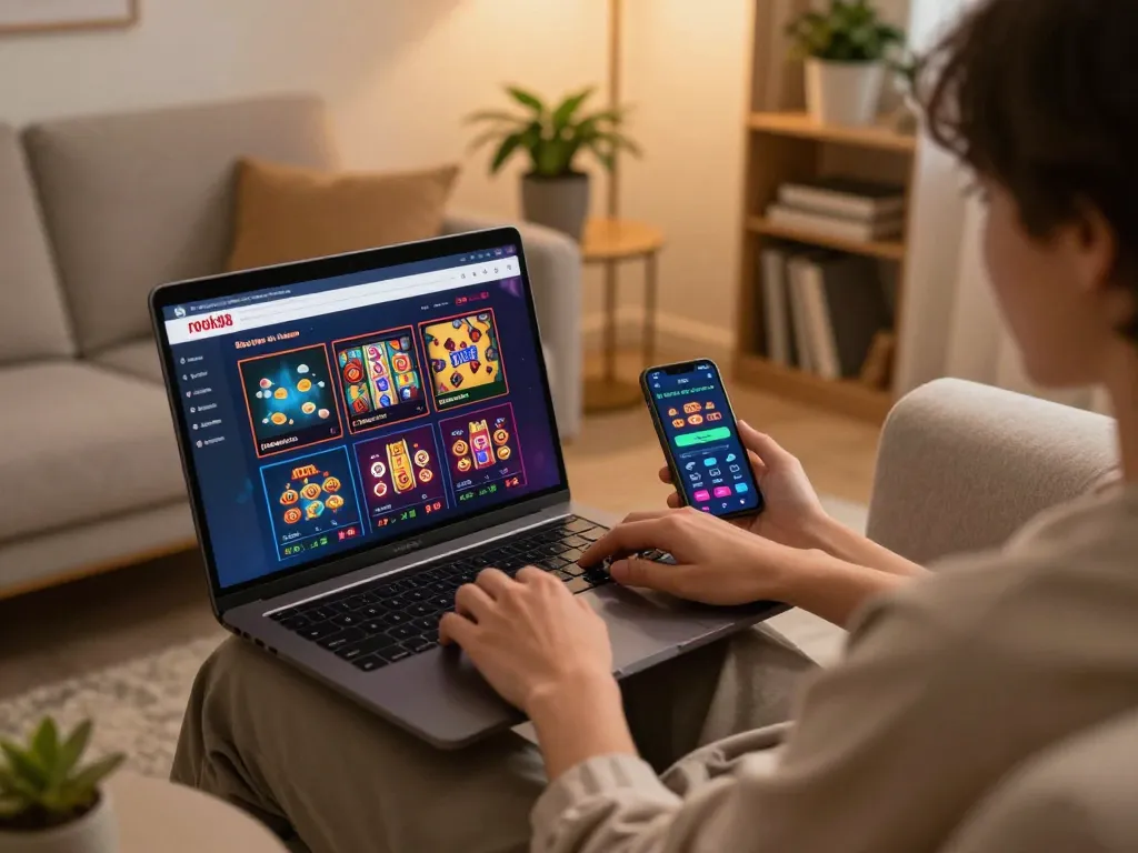 Engaging with the rokok88 online casino interface, showcasing gaming options on a laptop and betting on a smartphone.