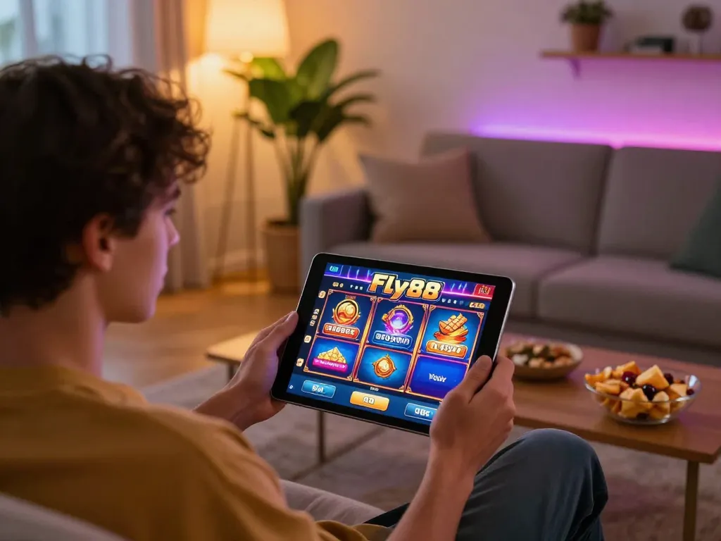 Playing Fly88 movie-themed slots on a tablet at home, enjoying a vibrant gaming atmosphere
