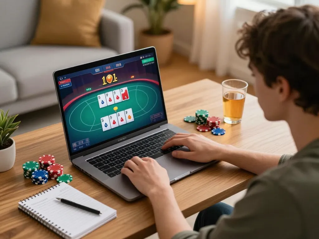 Engaging online poker gameplay at home with go99 gaming interface on laptop.