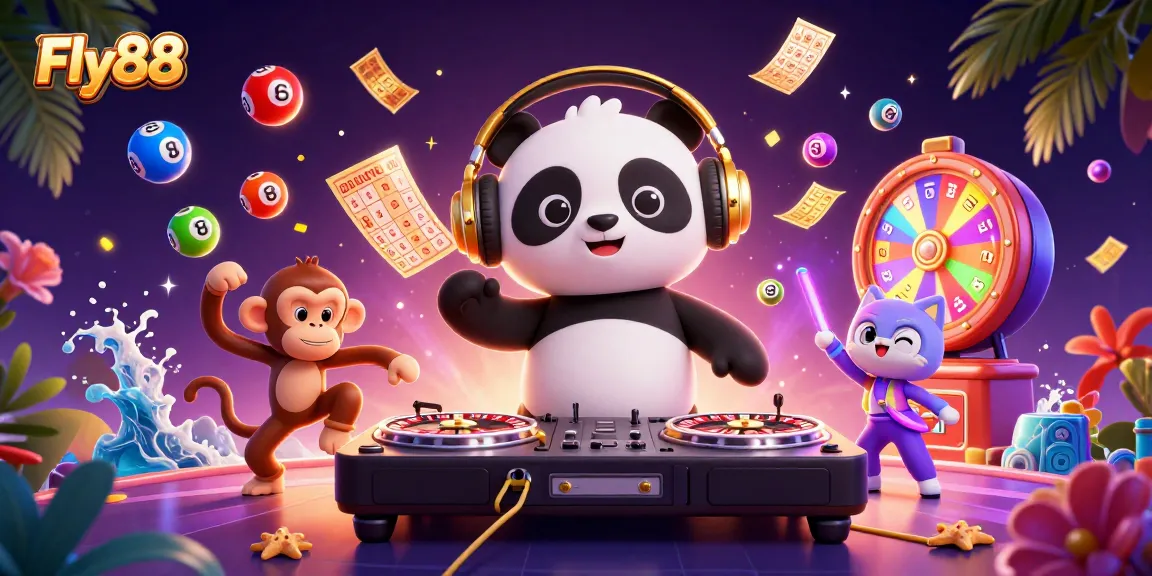 Experience the vibrant gaming environment of Fly88 with a DJ panda and lively characters.