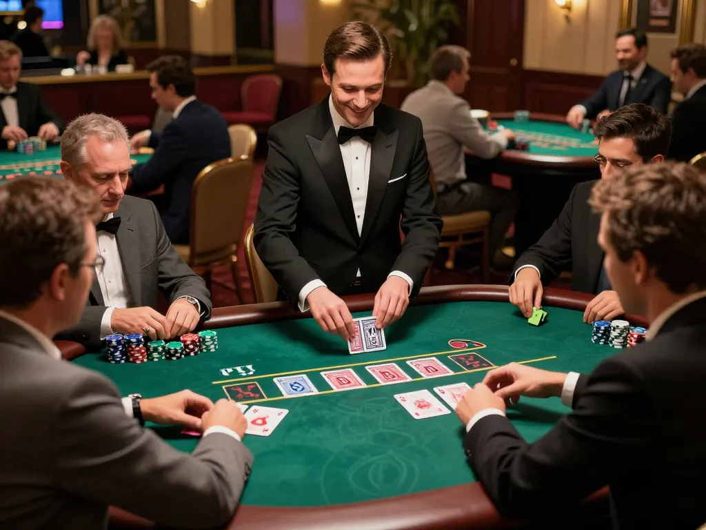Engaged players strategizing at a de bet blackjack table, showcasing an upscale casino ambiance.
