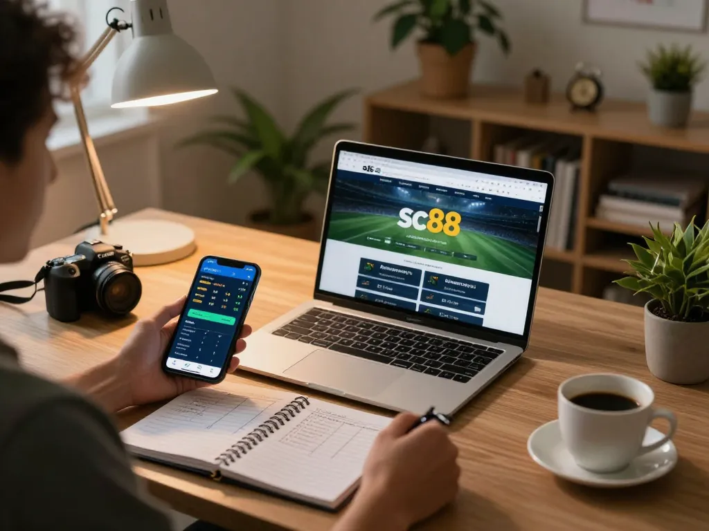 Engaging with sports betting on sc88 website while using strategic notes in a cozy home office.