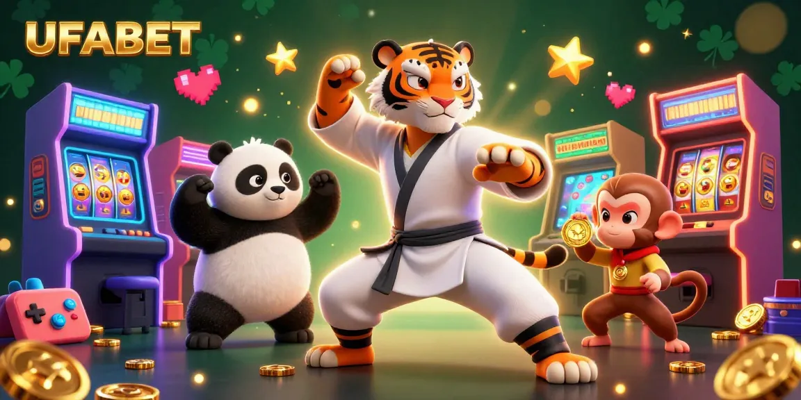 Experience the excitement of UFABET with a kung fu tiger and friends amid a vibrant casino scene.
