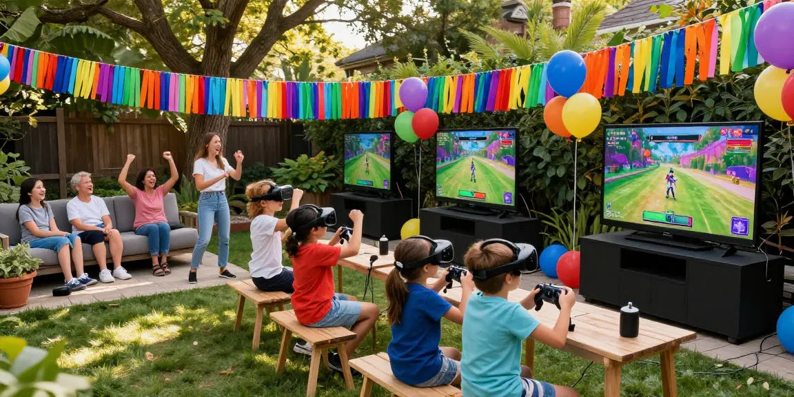 Exciting gaming party Kent scene with children playing video games outdoors.