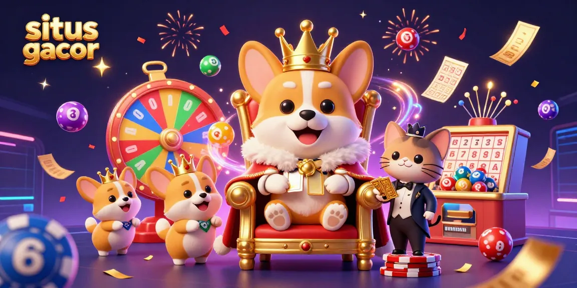 Experience excitement at situs gacor with a festive illustration of a royal corgi on a poker chip throne.