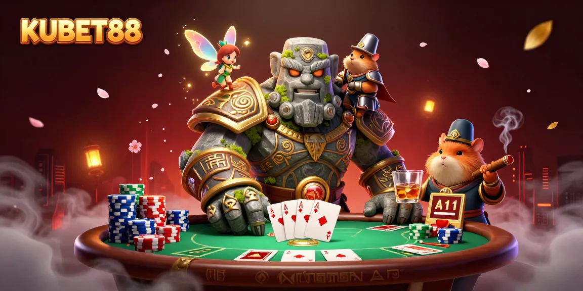 KUBET88 showcases a vibrant 3D casino world with magical characters and poker elements for exciting gameplay.