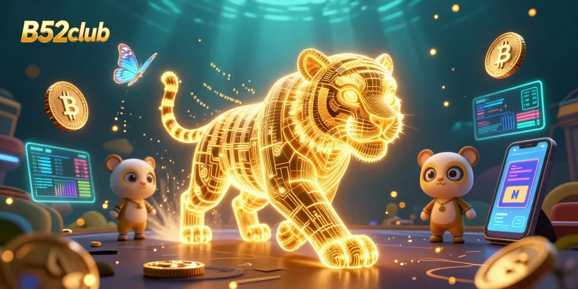 Engage with B52club's vibrant gaming world, showcasing neon tiger and crypto coins.