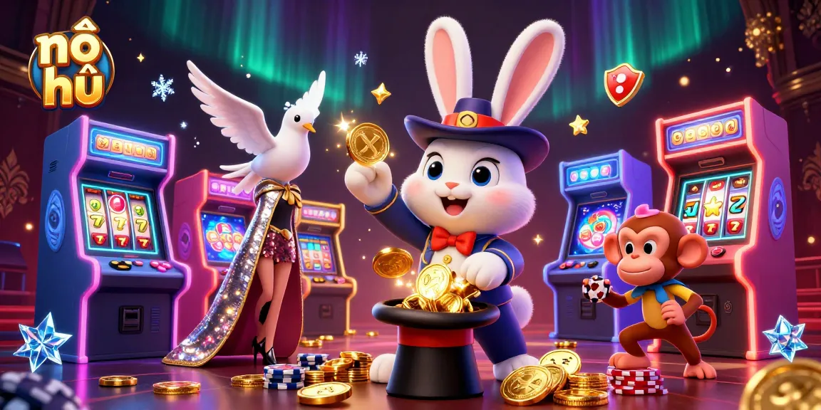 Experience the excitement of nổ hũ with a dazzling illustration featuring a magician, dove, and monkey in a vibrant casino scene.
