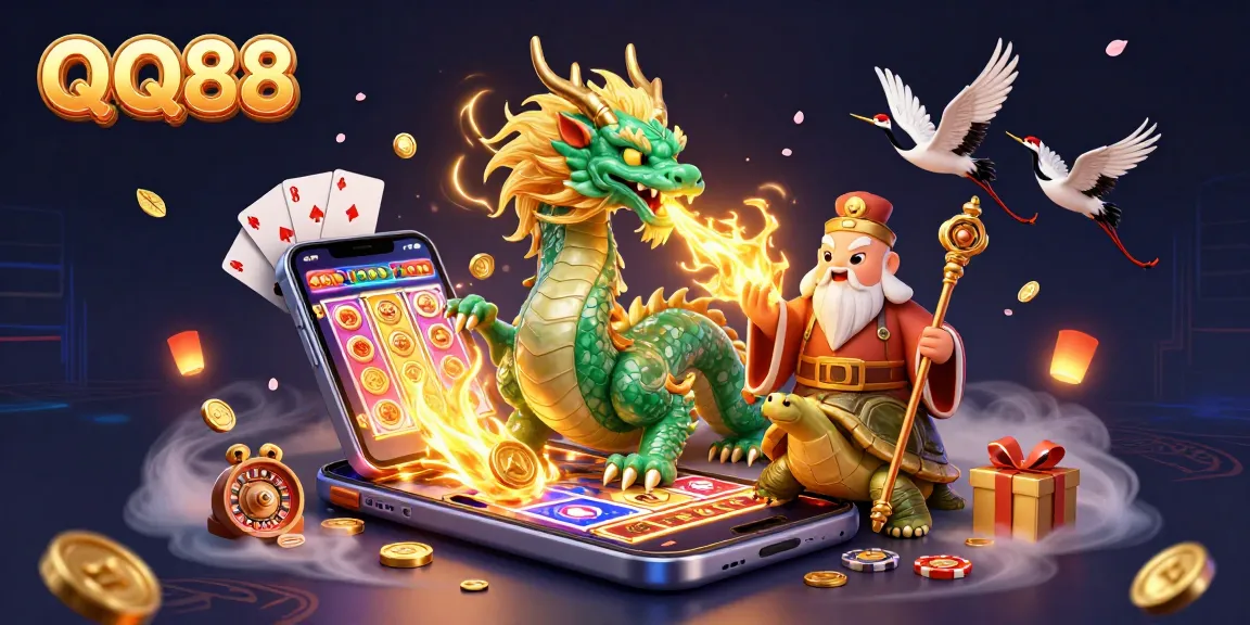Experience thrilling gameplay with QQ88 featuring slot games, golden coins, and mystical creatures.