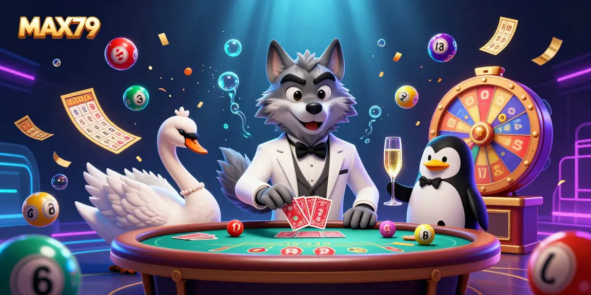 Engage in thrilling casino fun with MAX79 featuring a wolf, swan, and penguin in an exciting game scene.