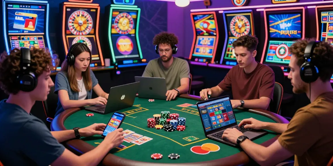 Exciting scene of players at a credit card casino enjoying gameplay on laptops and mobile devices, highlighting Visa and Mastercard payment methods.