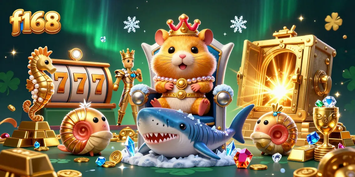 Engage with f168's exciting world through a golden hamster king ruling a treasure-filled casino kingdom.