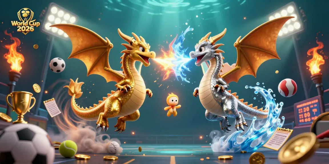Bet on World Cup 2026 with golden dragons and dynamic sports-themed elements enhancing the excitement.