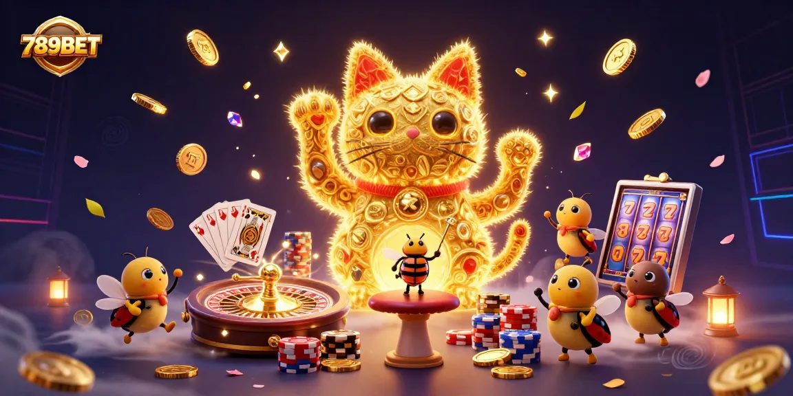 Experience the vibrant energy of 789BET with golden fireflies and a giant lucky cat symbolizing online casino excitement.