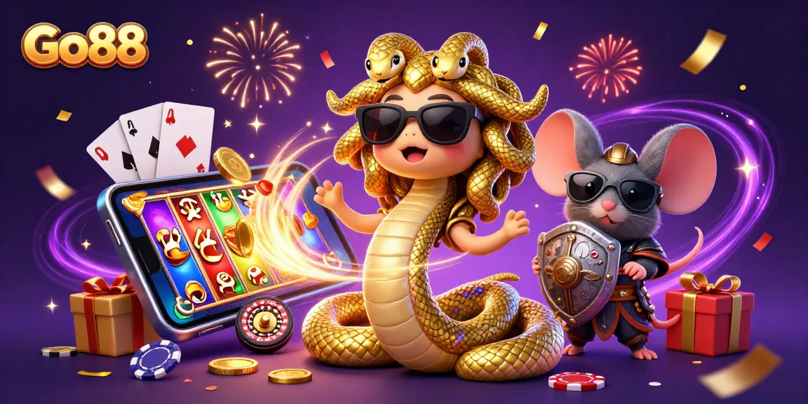Engage with Go88’s colorful gaming adventure featuring a fun Medusa and warrior mouse surrounded by dynamic casino elements.