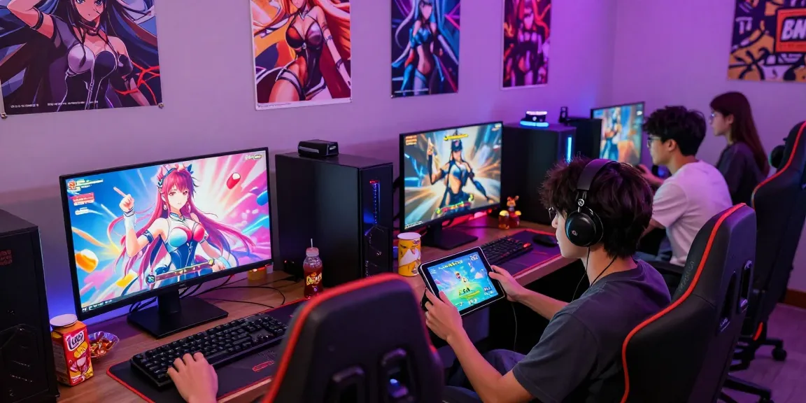 Engaged gamers enjoying online hentai games in a vibrant gaming setup.