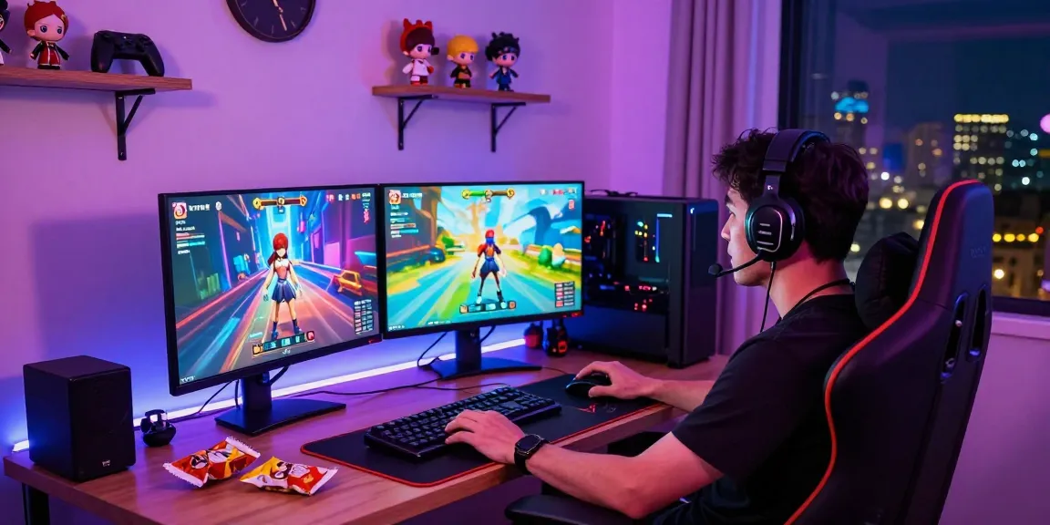 Gamer immersed in a real hentai game, vibrant neon lights in a modern gaming room.