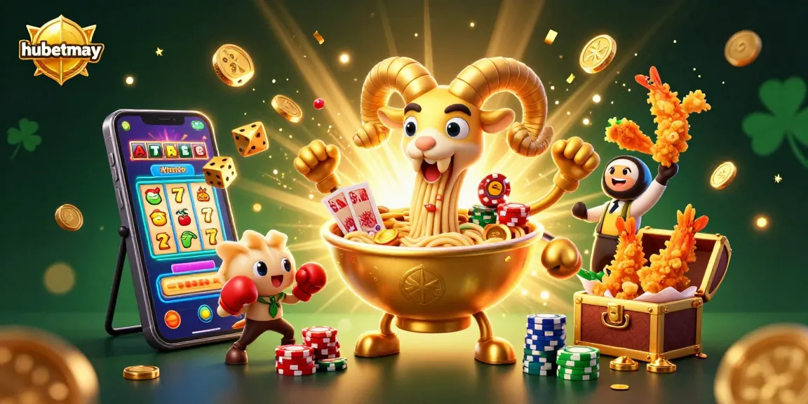 Experience hubetmay's exciting casino scene with a golden ramen bowl dealer, animated chips and cards, and vibrant gameplay elements.
