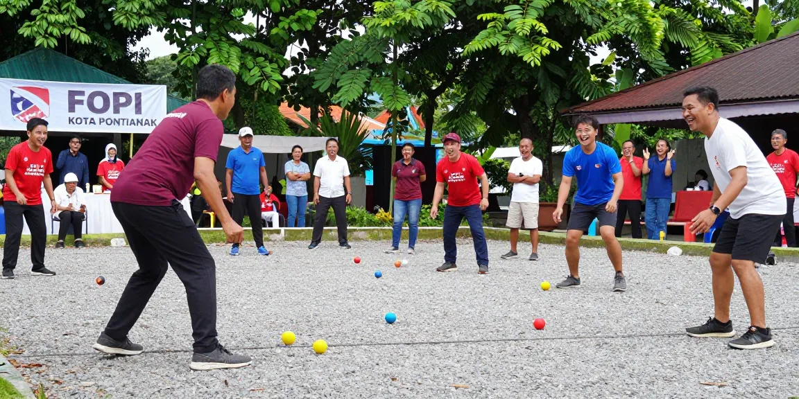 Exciting petanque tournament with FOPI Kota Pontianak in action, showcasing players and vibrant atmosphere.